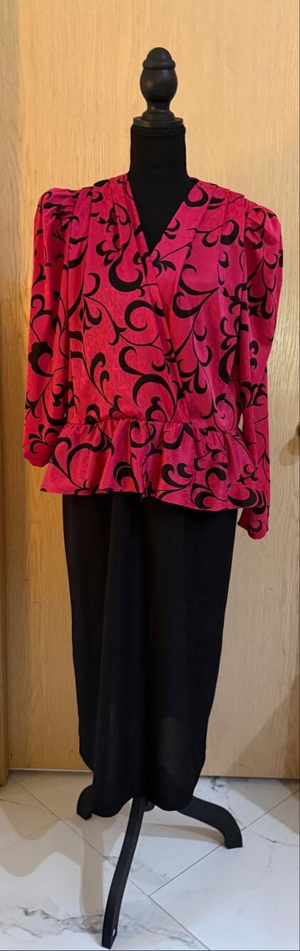 Vintage Sally Lou 80s Pink Black Peplum Dress Size 10 Shoulder Pads